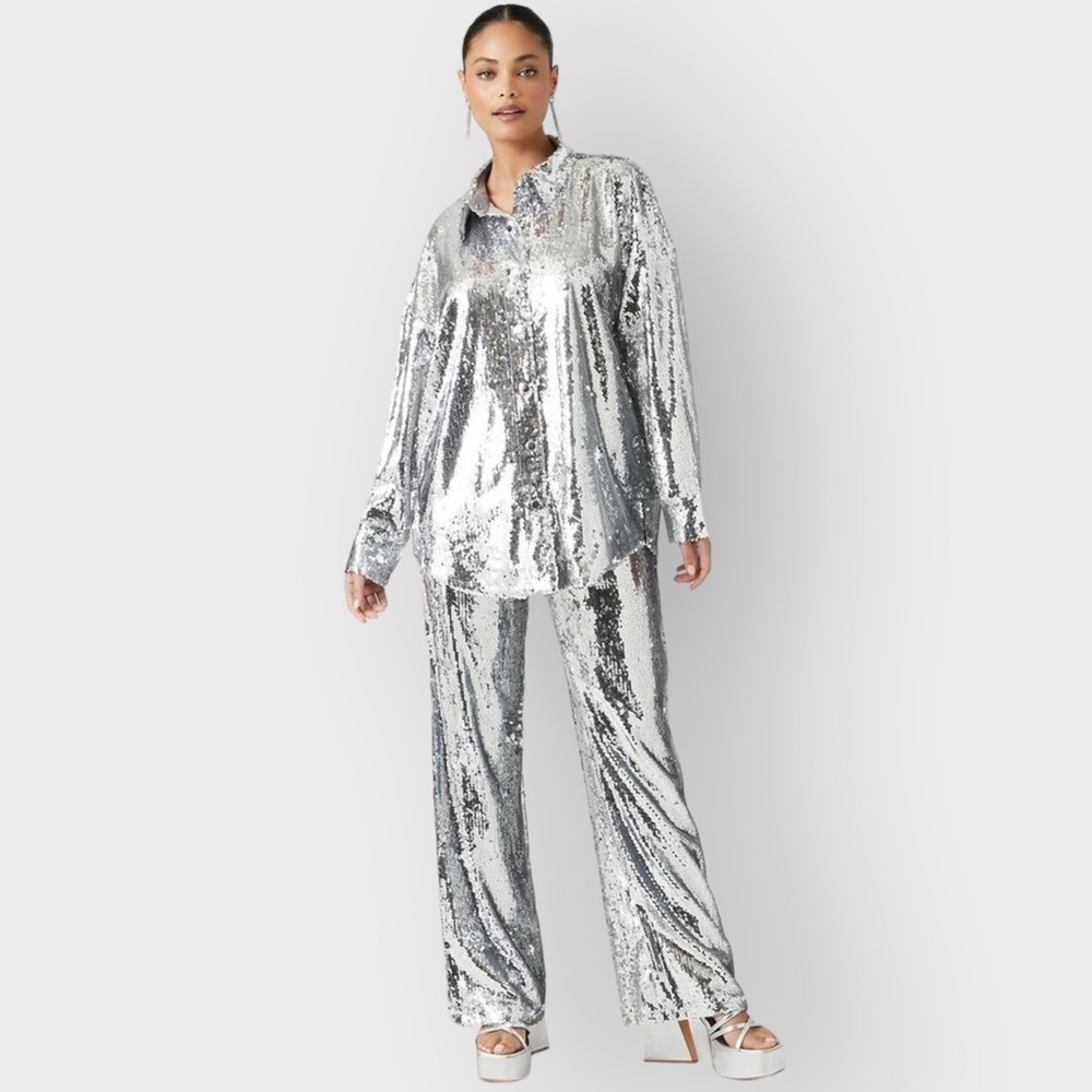 FOREVER 21 Silver Sequin Wide Leg Pants (Sz M) - Picture 5 of 6